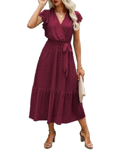 BTFBM Women Summer Bohemian Floral Casual Wrap V Neck Ruffle Cap Sleeveless Belt A-Line Pleated Hem Swing Midi Sun Dress (Swiss Dot Wine Red, X-Large)
