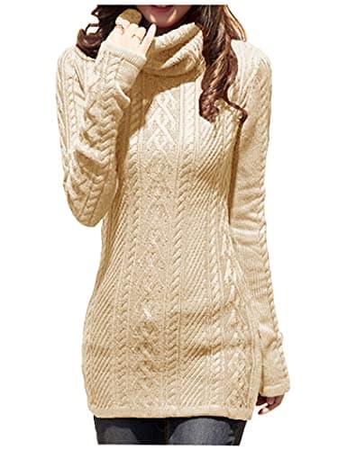 v28 Women Polo Neck Turtleneck Knit Stretchable Elasticity Long Slim Sweater (L,Beige)