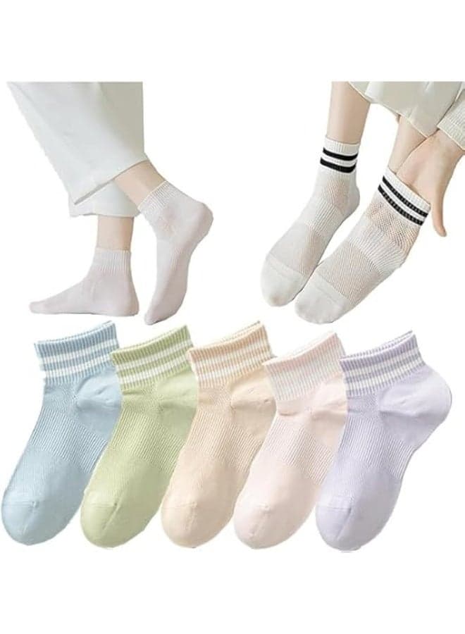 Ankle Socks,Thin Breathable Cotton Ankle Socks for Women,Fashion Striped Athletic Women's Socks,Mesh Women Above Crew Socks 5 Pairs