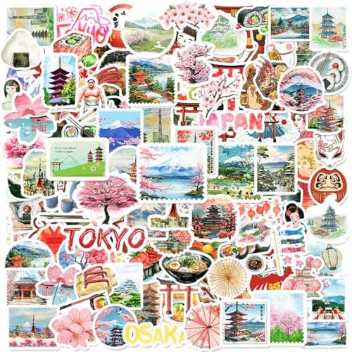 120 Pcs Japanese Stickers Japan Japanese Birthday Party Decorations Japan Themed Party Favors Vinyl Waterproof Stickers for Journals Scrapbook Water Bottle Laptop