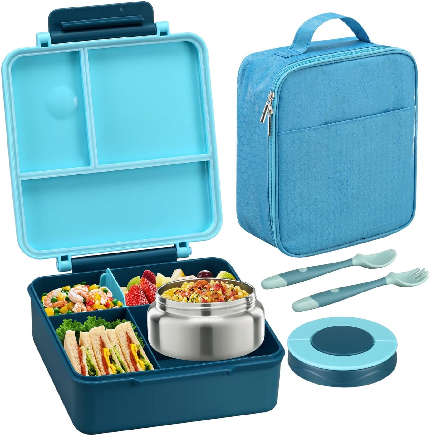 Bento Lunch Box for Kids with 8oz Soup ThermoLunch Bag LeakProof Lunch Food Containers with 4 Compartment Hot Food Insulated Food Jar for Kids School Blue