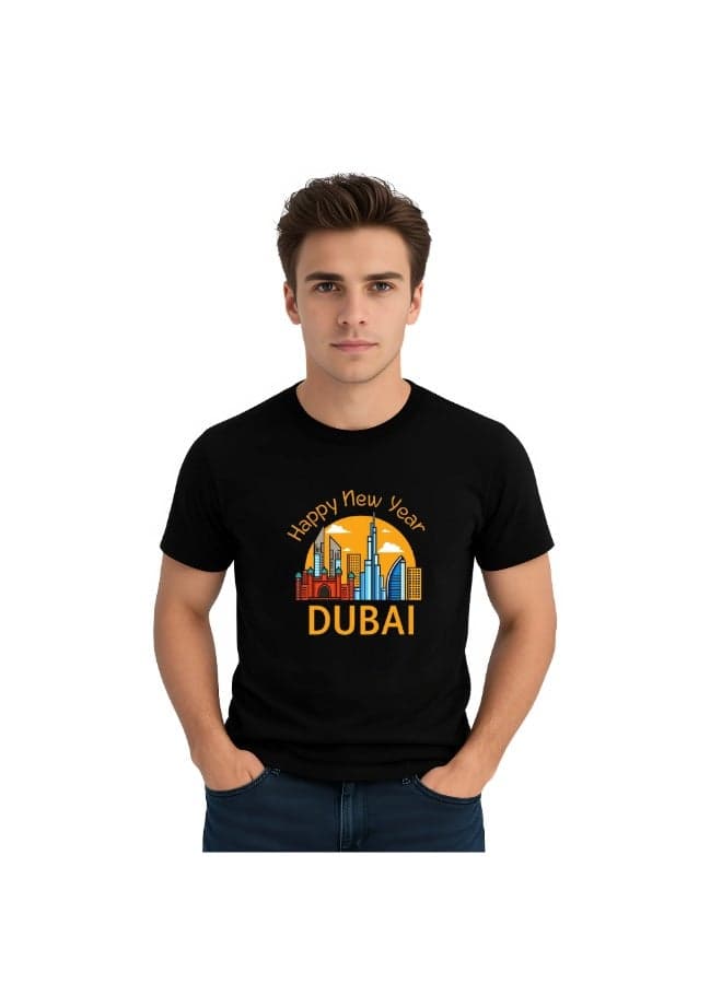 Happy New Year Dubai Adult Mens T-Shirt Round Neck Short Sleeve Cotton T-Shirt-Happy New Year With Dubai Design-Perfect For New Year Party Celebration