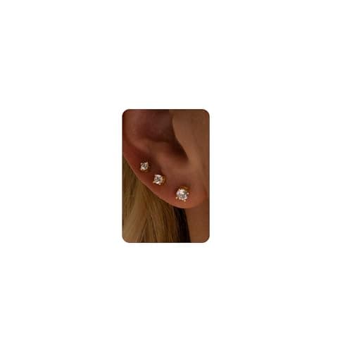3 Pairs 14K Gold Plated Stud Earrings for Women - Small Hypoallergenic 925 Sterling Silver Post Dainty Cartilage Earring Tragus Earrings Stacks Ear Set for Multiple Piercing