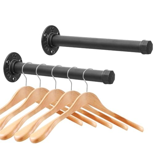 Cast Iron Wall Mounted Clothes Rack Heavy Duty Industrial Pipe Clothing Rack for Hanging Clothes Garment Racks for Wardrobe Organizers and Storage DIY Closet Rods Closet Bar Black 2 Pack 12 in