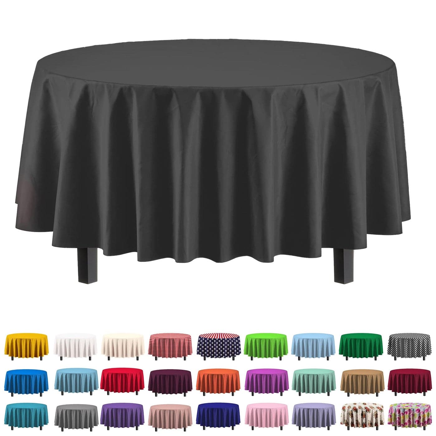 Party Solids 6Pack Premium Plastic Tablecloth 84in Round Plastic Table Cover Black