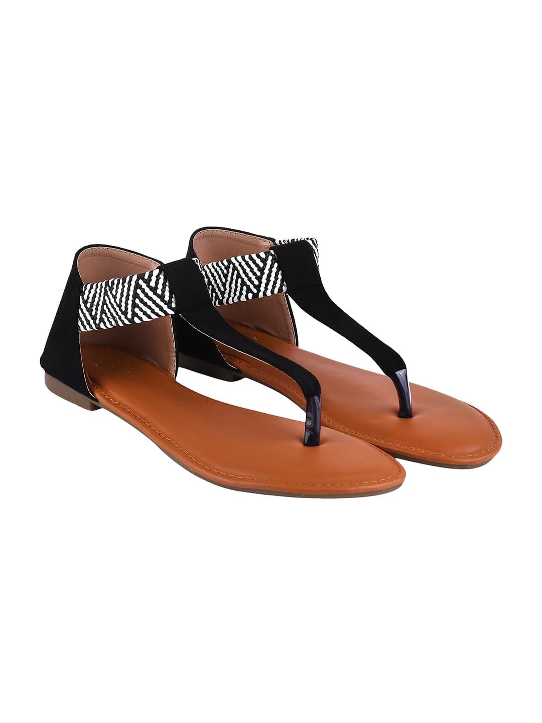 Shoetopia Women's Ethnic Style T-Strap Sandals –Black Chevron Ankle Strap Flats for Casual & Festive Comfortable & Stylish Party EU41