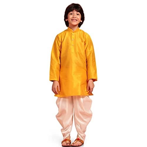 AJ DEZINES Kids Silk Blend Full Sleeve Kurta Patiala Set for Boys | Ethnic Wear | Traditional Festival Wear | Boy Kurta Patiala Set | Kids Ethnic Wear Boys | Regular Fit | YELLOW-16