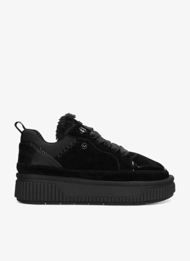 Panelled Lace-Up Sneakers with Faux Fur Trim