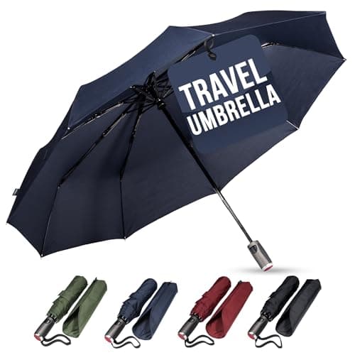 LifeTek Traveler 42 FX1 Windproof Travel Umbrella, Automatic Open Close, Compact for Rain and Sun, Fits in Purse or Backpack, Strong Heavy Duty Frame, Durable, UV Protection, Small and Portable Blue