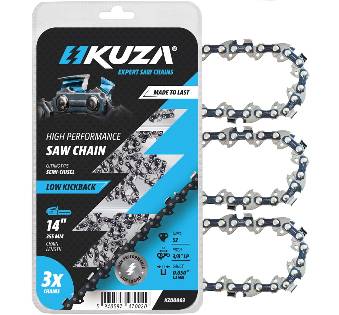 14 Inch Chainsaw Chain 3/8" LP Pitch, 050" Gauge, 52 Drive Links, German Steel, fits Husqvarna 120i, 135, Echo CS-310, Ryobi RY3714, Makita XCU11Z, EGO, WORX, POULAN and more - S52 (3 Chains)