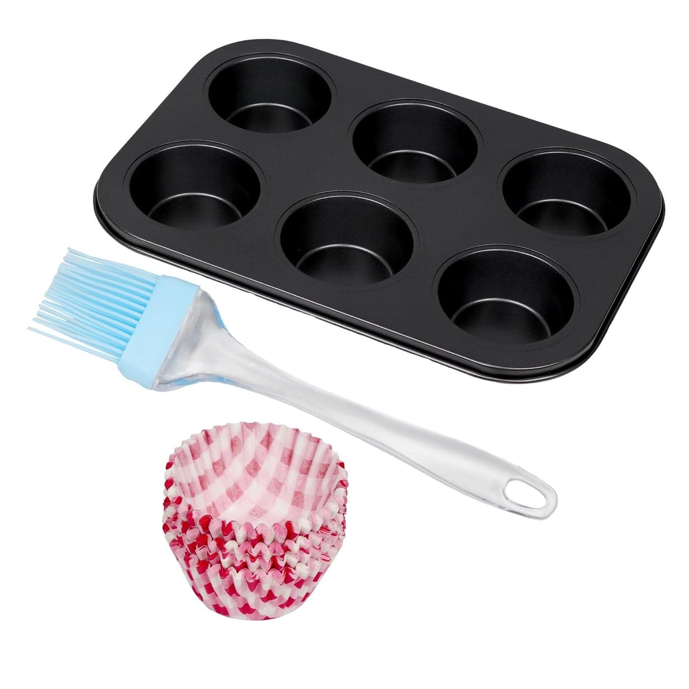 Bakers Pardise Teflon Coated NonStick 6 Cups Cupcake Baking Tray Muffin Tray with Mini Muffin Paper Cup Liners 10cm Set of 100 Pastry Brush