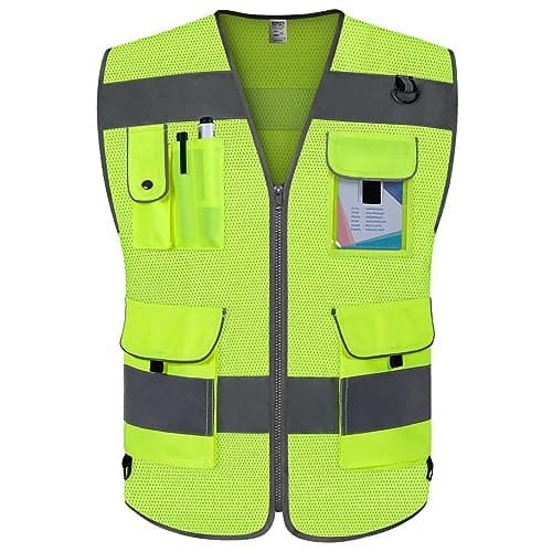 TCCFCCT Mesh Reflective Safety Vest 9 Pockets High Visibility Vest for Men Women, Hi Vis Reflective Work Vest for Safety, Meets ANSI/ISEA Standards, (Yellow, XX-Large)
