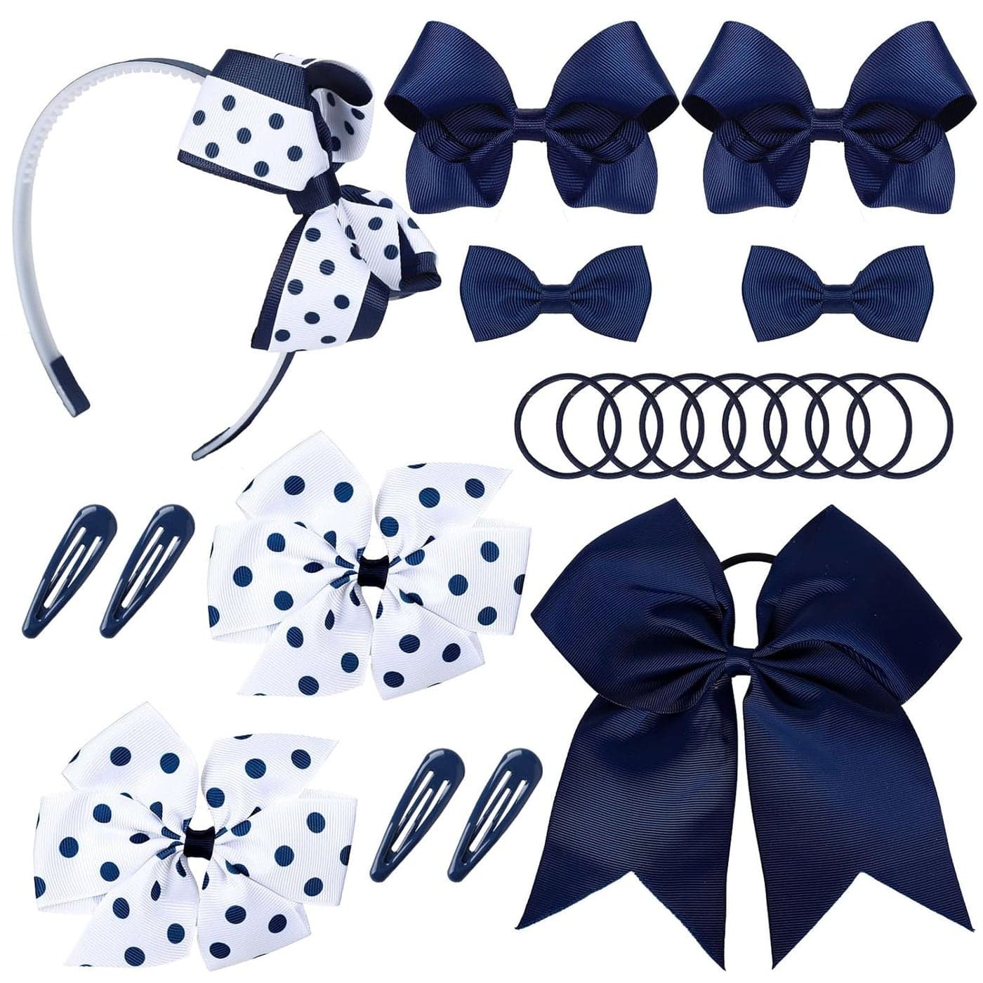 Whaline 20Pcs Back to School Uniform Hair Bows Set Navy Blue White Multistyled School Bows Hair Clips Accessories with Headband Hair Ties Snap Hair Clips for Female Student Supplies