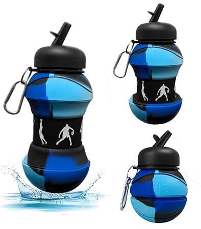 SOLDTRUE Basketball Design Collapsible Water Bottle 550ml. | BPA-Free Silicone, Leak-Proof Spout, Food Grade, with Carabiner Clip | For Gym, School, Sports & Travel (Blue)