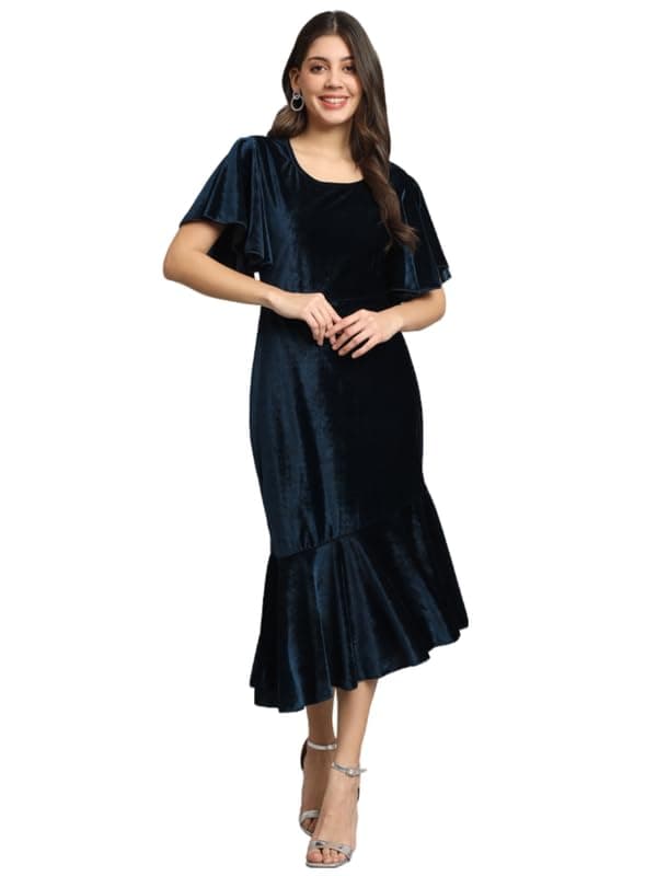 Vaararo Bodycon Party Midi Dress for Women | Shiny Velvet Fabric Fish Cut Ruffle Bottom Detailing Stylish Outfit Peacock Blue XXX-Large