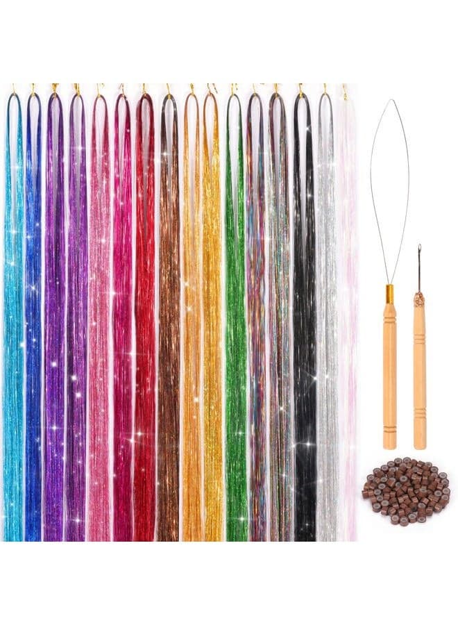 16 Colors Hair Tinsel Kit, ELASO 48 Inches 3300 Strands Tinsel Hair Extensions, Fairy Hair Tinsel for Christmas Halloween Cosplay Party, Highlights Sparkling Glitter Hair