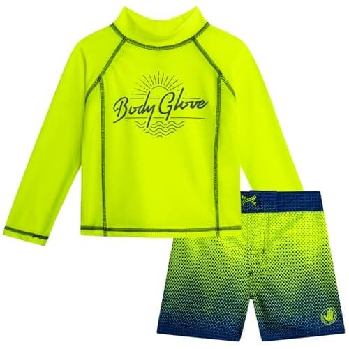 Body Glove Baby Toddler Boys Swim Set - 2 Piece UPF 50+ Quick Dry Swim Trunks and Rash Guard for Boys Kids Swimwear (2T-4T), Size 2T, Neon Green/Blue