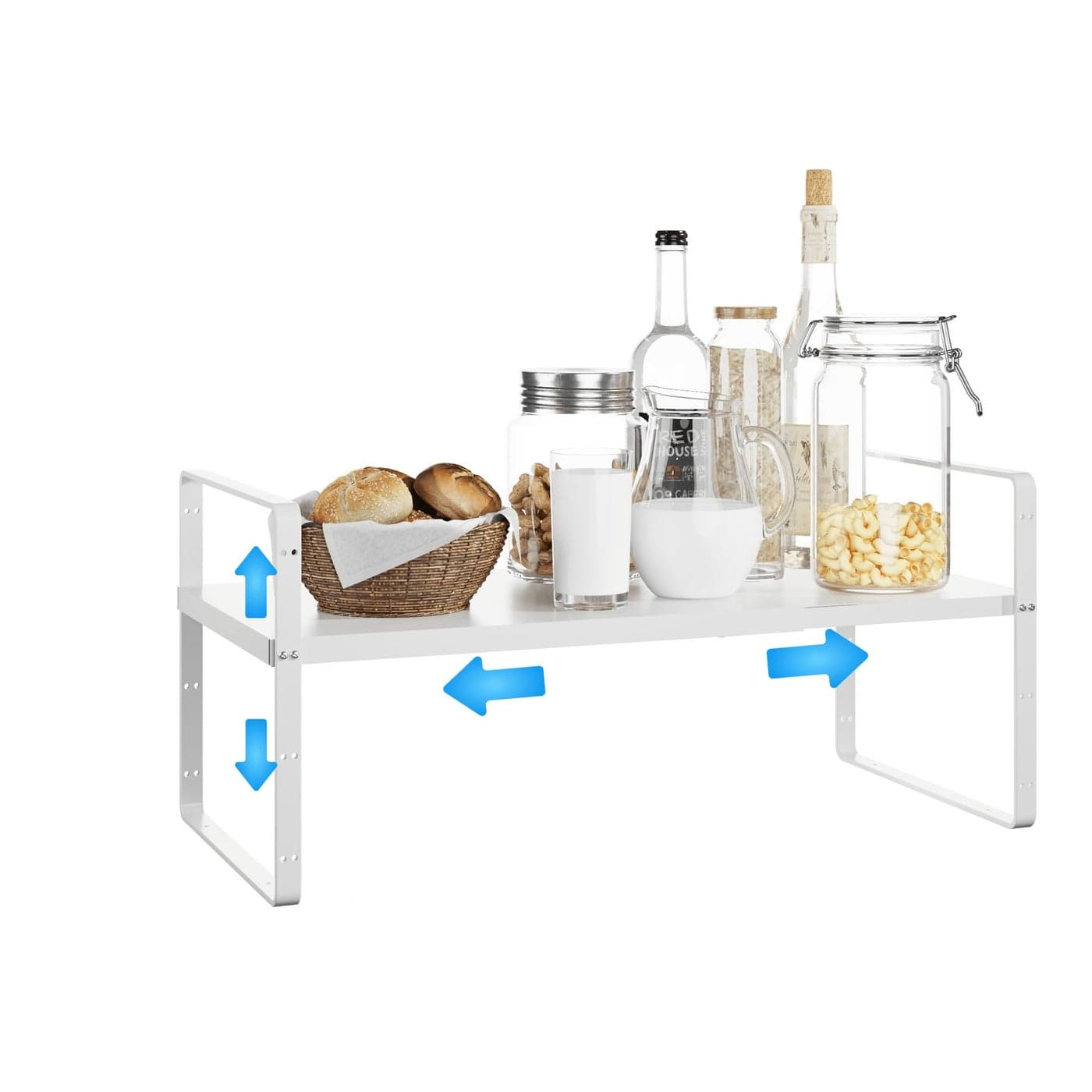 KIKIBRO Expandable Cabinet Shelf Organizer Stackable Kitchen Pantry Counter Storage Adjustable Closet Cupboard Stand Rack Risers Spice Organization 80LBS Heavy Duty White Small 1 Pack