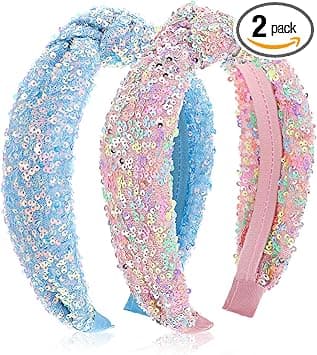 2Pcs Glitter Headbands for Girls Cute Sparkly Wide Thick Head Bands Bling Non Slip Hairband Rainbow Sequin Fashion Knotted Headbands for Women Colourful Iridescent Headware for Christmas Costume Decor