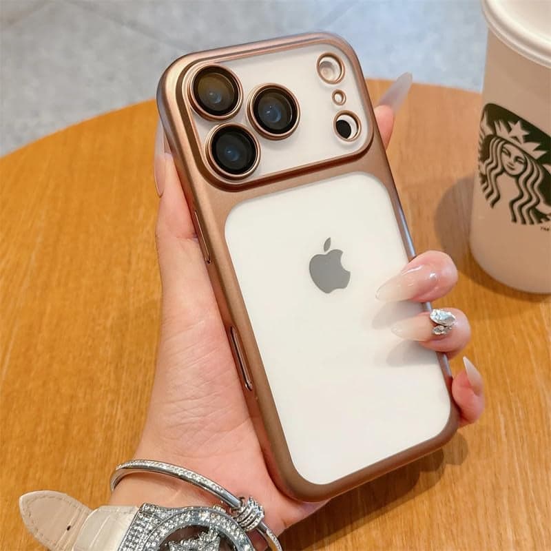 LuxuryKase Hybrid Frosted Clear Case for iPhone 17 Pro Max | Matte Hard Back Cover | Metallic Frame | Shockproof Slim Design | Anti-Fingerprint | in-Built Camera Lens Protection - Gold