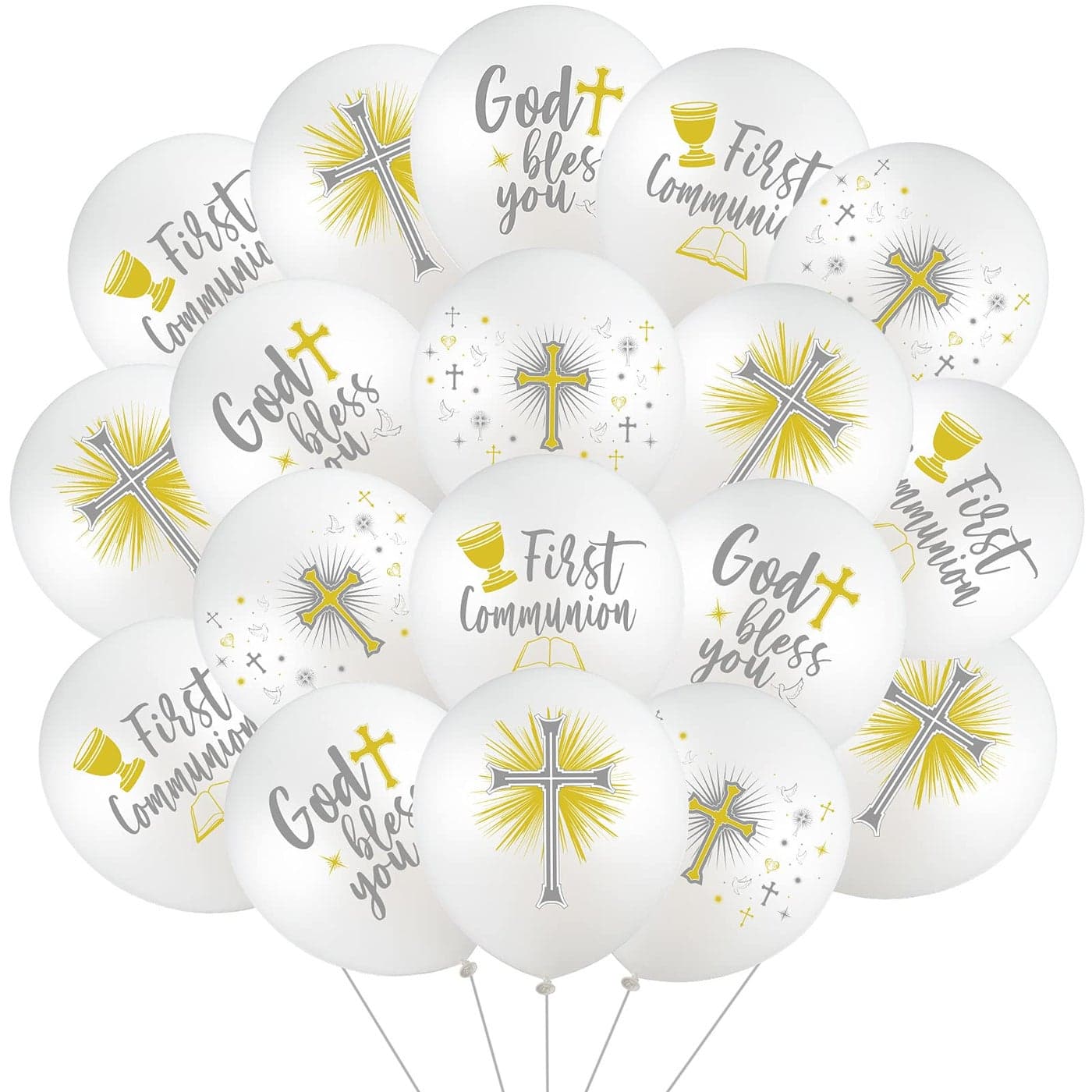 Skylety 48 Cross Doves Latex Balloons 12 Inch Baptism Christening Supplies for First Communion White Silver Gold