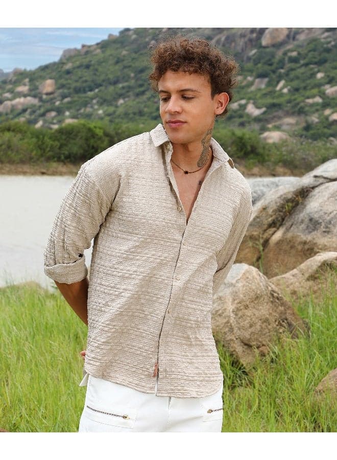 Men's Saltbox Beige Dimentional-Textured Shirt For Casual Wear | Spread Collar | Long Sleeve | Button Closure | Shirt Crafted With Comfort Fit For Everyday Wear