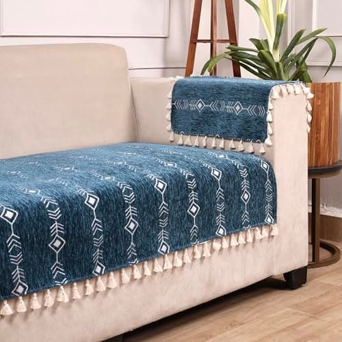 STITCHNEST Chenille Printed Sofa Cover 3 Seater with Hand Rest Covers – Washable Blue Sofa Cover with Tassels – Durable Premium Fabric – Stylish Sofa Protector for Living Room & Furniture Décor