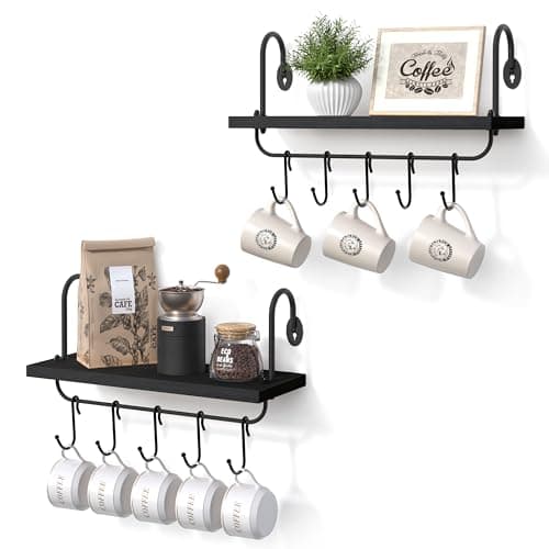 Olakee Floating Wall Shelves for Kitchen Bathroom Coffee Nook with 10 Adjustable Hooks for Mugs Cooking Utensils or Towel Rustic Storage Shelves Set of 2/17x5.9 inch (Black)