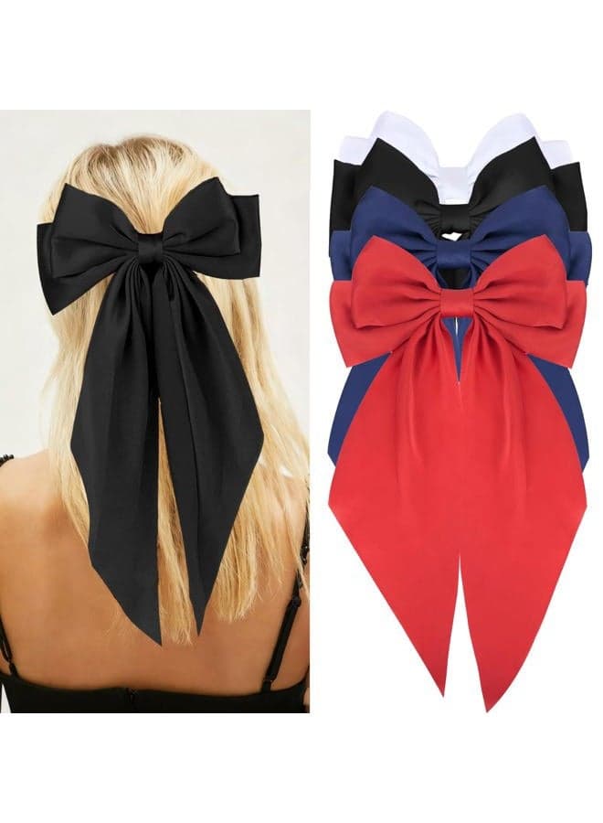 4pcs Big Hair Bows For Women White Black Navy Blue Red Satin Bows Hair Barrettes Cute Large Hair Clips With Long Tail Hair Accessories For Women Girls Accesorios Para El Cabello New Year Gift