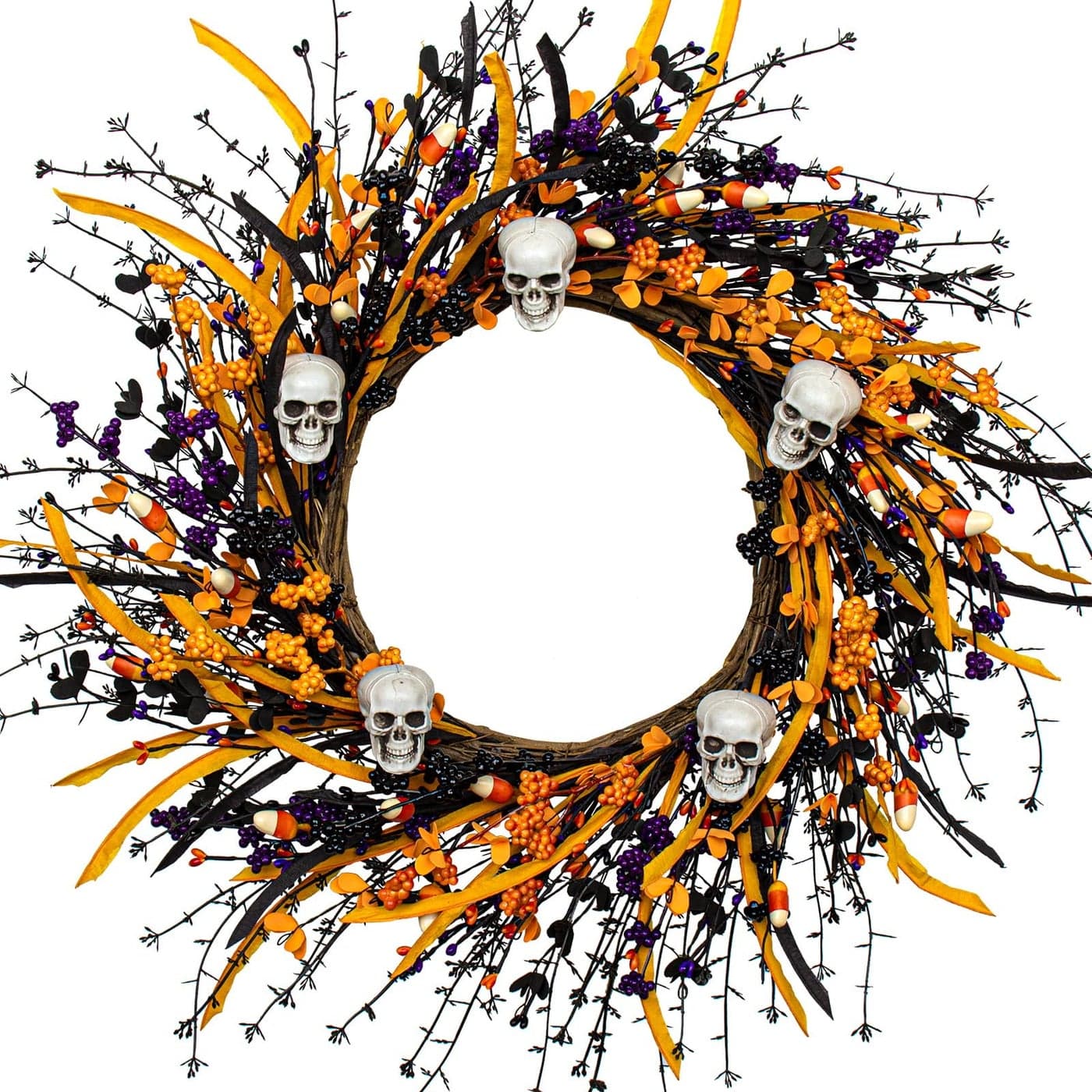 JINGHONG Artificial 22 Inch Black Skull Wreath with Halloween Candy Berries for Front Door Wall Porch Decor