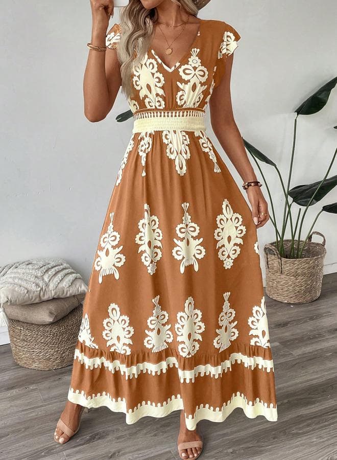 Women Orange Graphic Print Elastic Waist Maxi Dress — M