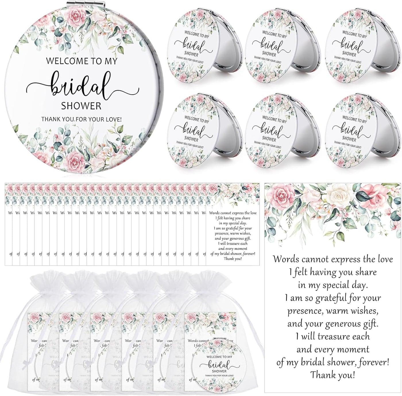 XunYee 24 Sets Bridal Shower Favors for Guests Flower Design Makeup Mirrors Leather Compact Mirrors Bridal Thank You Cards with Organza Bags Bridesmaid Gifts Wedding Party Favors Supplies