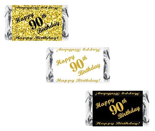 90th Birthday Miniatures Candy Bar Wrapper Set of 60 Mini Candy Bar Stickers 3 Designs 24 Gold 24 Black 12 White Candy Not Included Made in USA