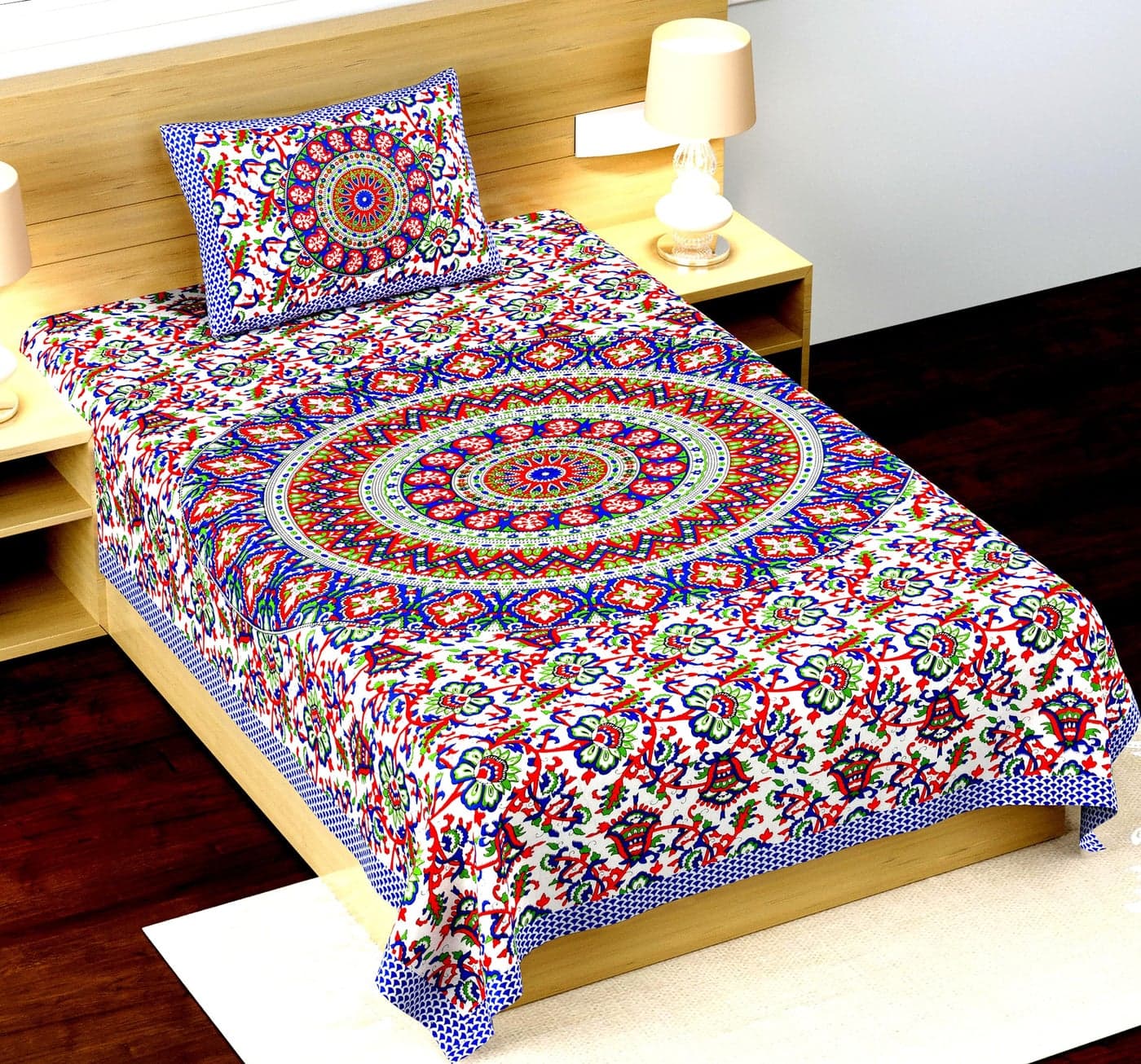RajasthaniKart® Comfort Rajasthani Jaipuri Traditional Sanganeri Print 144 TC 100% Cotton Single Bedsheet with 1 Pillow Covers (Single, Blue)