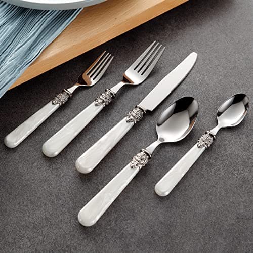 CATHYLIN REVERIE Collection 18/10 Stainless Steel Vintage Flatware set,Sliverware set,Dishwasher safe (40, Pearl White)