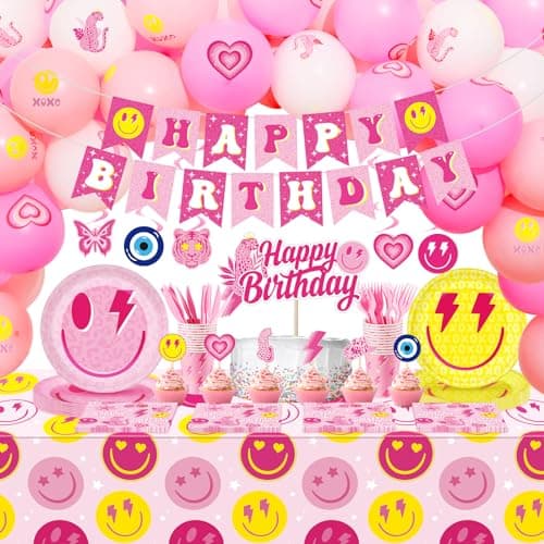 Zhehao 227 Pcs Preppy Party Decorations Pink Smile Face Tableware Set Preppy Birthday Banner Pink Smile Balloon Y2K Girl Napkin Hanging Swirl Cupcake Topper for Bachelorette Birthday Baby Shower Party