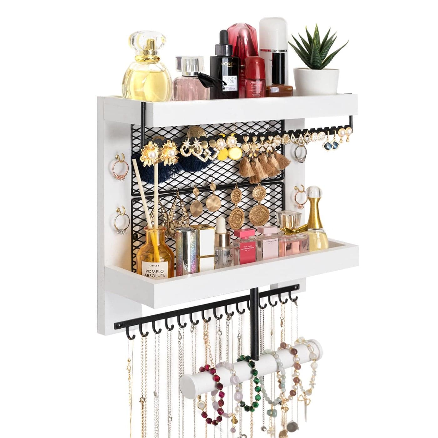 Pinzoveco Hanging Jewelry Organizer Wall Mounted With Wall Jewelry Organizer Holder For Necklaces Bracelet Earrings Ring White