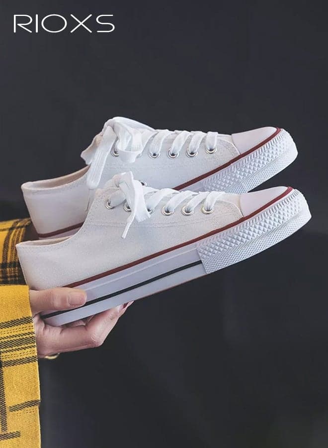 Unisex Classic Low-Top Canvas Sneakers, Breathable Casual Shoes for Men and Women, Lightweight Non-Slip Rubber-Soled Sneakers for Daily Walking, Retro-Style Lace-Up Flat Outdoor Sneakers, Perfect for Driving, Traveling, Shopping, Street Style, and Everyday Wear,White& Red
