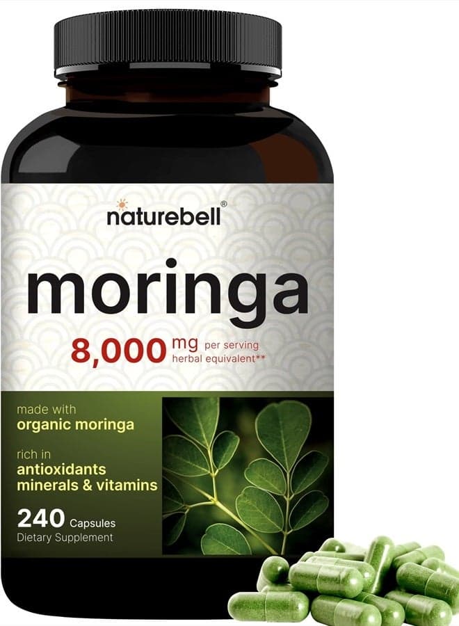 Moringa Capsules 8000mg Per Serving, 240 Capsules | 4 Month Supply, Made with Moringa Powder Organic | Green Superfood, Skin Health & Immune Support | Non-GMO, Gluten Free