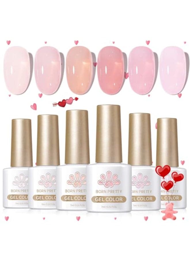 Born Pretty Jelly Pink Gel Nail Polish Nude Pink Sheer Translucent Valentines Day Gel Polish Milky Natural Gel Polish Set Nail Art Manicure DIY Kit Home Salon 6PCS