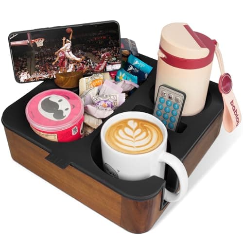 Couch Buddy Couch Cup Holder Tray, Real Acacia Wooden Caddy with Soft Silicone, Snack and Drink Organizer- Perfect Movie Night Accessories for Bed, Remote and Back Seat Cup Holders for Cars (Black)