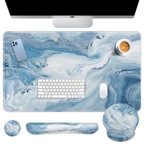 Arttown Blue White Gradient Desk Mat Abstract Ocean Marble Mouse Pad Set 4 in 1 Ergonomic Design Large Mousepad + Keyboard Wrist Rest + Mouse Wrist Rest + Coaster Suitable for Home Office Study Game
