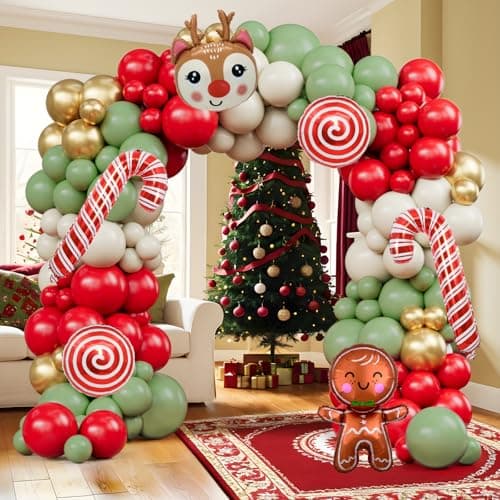 Christmas Balloon Arch 142pcs Sage Green Red And Sand Balloons Christmas Balloon With Candy Cane Gingerbread Balloon For New Year XMAS Party Decorations