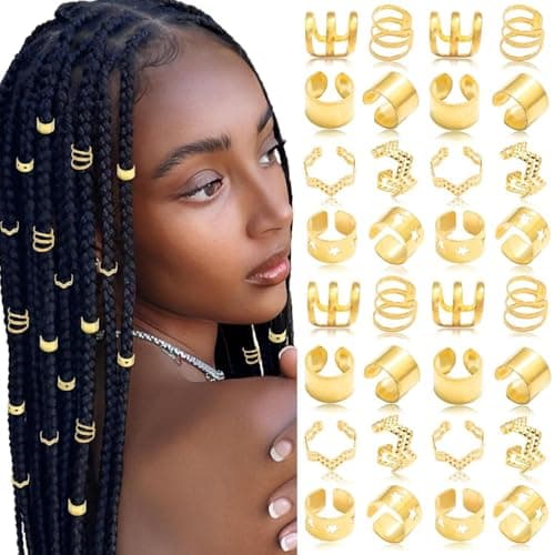 Gold Hair Beads, 32 Pcs Gold Hair Cuffs for Braids, Adjustable Gold Pirate Jewellery, Hair Jewel Accessories for Everyday Wear and Outdoor Activities