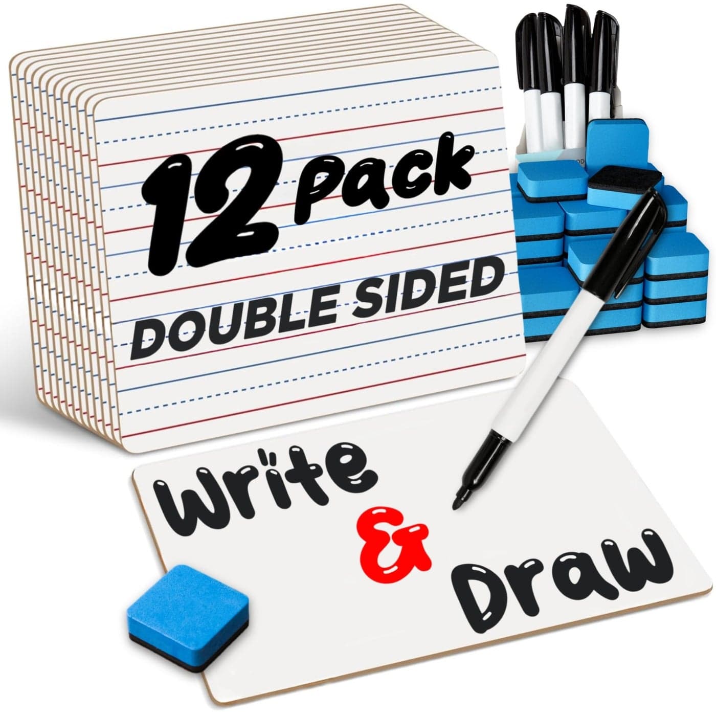 Double Sided Dry Erase Small White Board with Lines 12 Boards 15 PensErasers 9x12 Inch for Kids Lapboard Mini Whiteboard Students Classroom