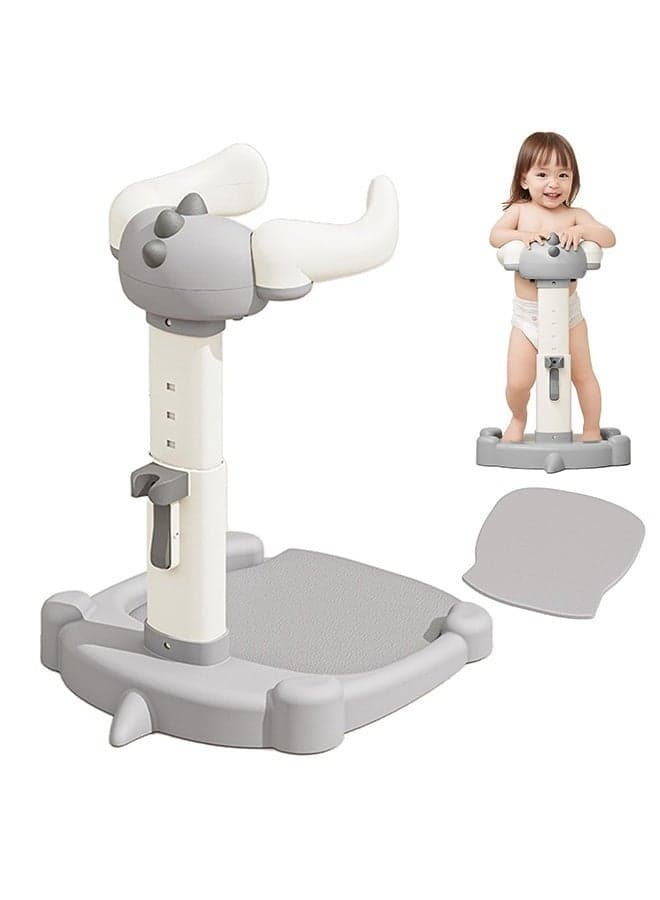 Baby Shower Stand, Baby Standing Bath with Anti-Pinch Adjustable Height and Armrest, Shower Standing Support with Anti-Slip Base and Mat for Infants 6-36 Months -Grey