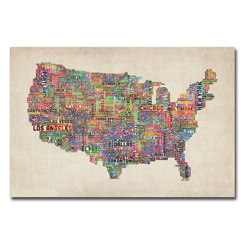 Trademark Fine Art Michael Tompsett Canvas Artwork US Cities Text Map VI 30 by 47Inch
