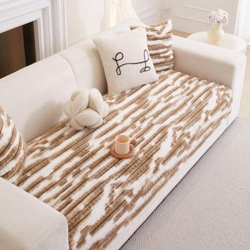 HOMETHREADS 600GSM Thick & Soft Rabbit Fur Plush Sofa Cover–Luxurious Cozy Slipcover, Washable & Pet-Friendly, Anti-Scratch Protector for Sofas (Faux_Linning_White_Brown, 5 Seater | 230x70cm)