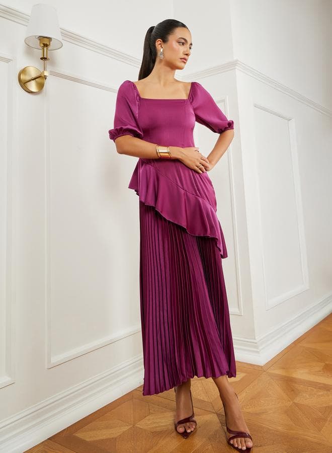 Burgundy Balloon Sleeves Pleated Maxi Dress
