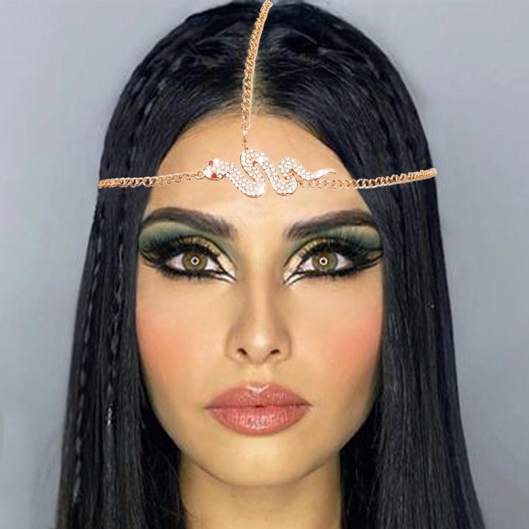 CAKURE Gold Snake Head Chain Sparkle Rhinestone Snakes Head Jewelry Egyptian Headpiece Jewelry Festival Halloween Hair Accessories for Women